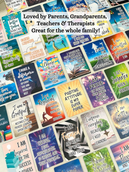 Growth Mindset Positive Affirmation Cards, 54 Affirmations, 150+ Inspiring Questions, Glossy Coated Cards with Storage Box, Meaningful Gift, Loved by Teachers, Therapists and Parents