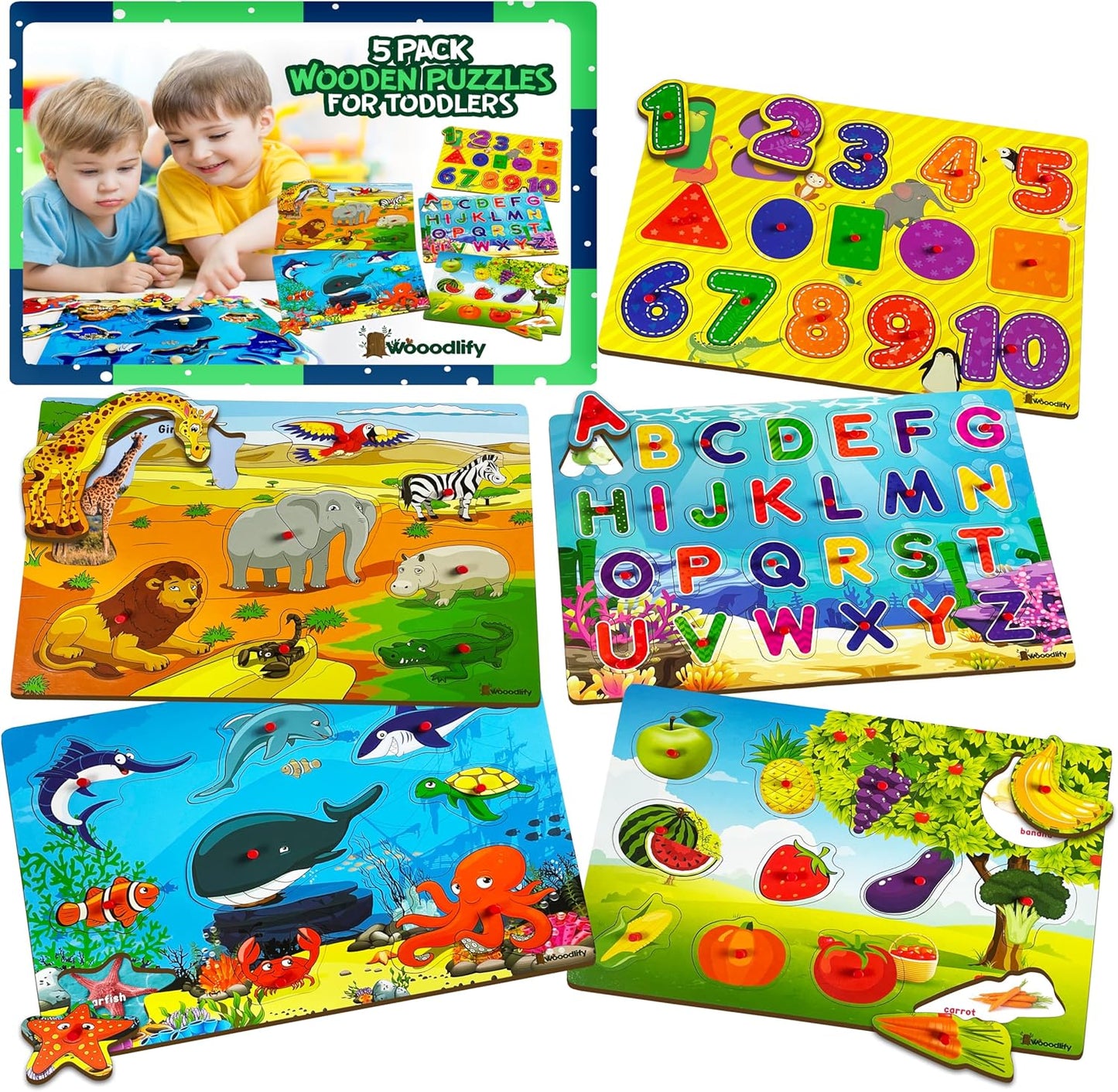 5 Pack Wooden Puzzles for Toddlers 1-3 - Colorful Chunky Wooden Peg Puzzles - Educational Learning Montessori Toys - Toddler Puzzles for Kids Ages 2-4 - Alphabet ABC Number Animal Fruit Shape