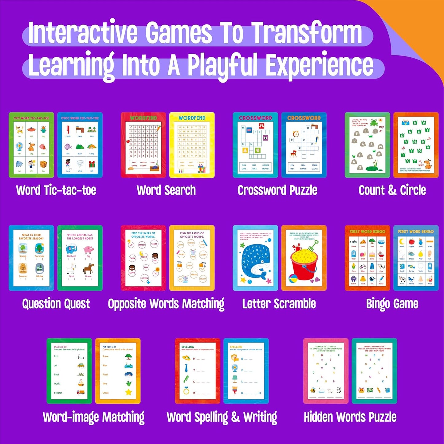 60 Alphabet and Game Cards, Double-Sided Letter Flashcards, Crossword, Tic-tac-Toe. WordSearch, Word Spelling Games for Kids, CVC, CVCC, CCVC & First Words Learning Tool