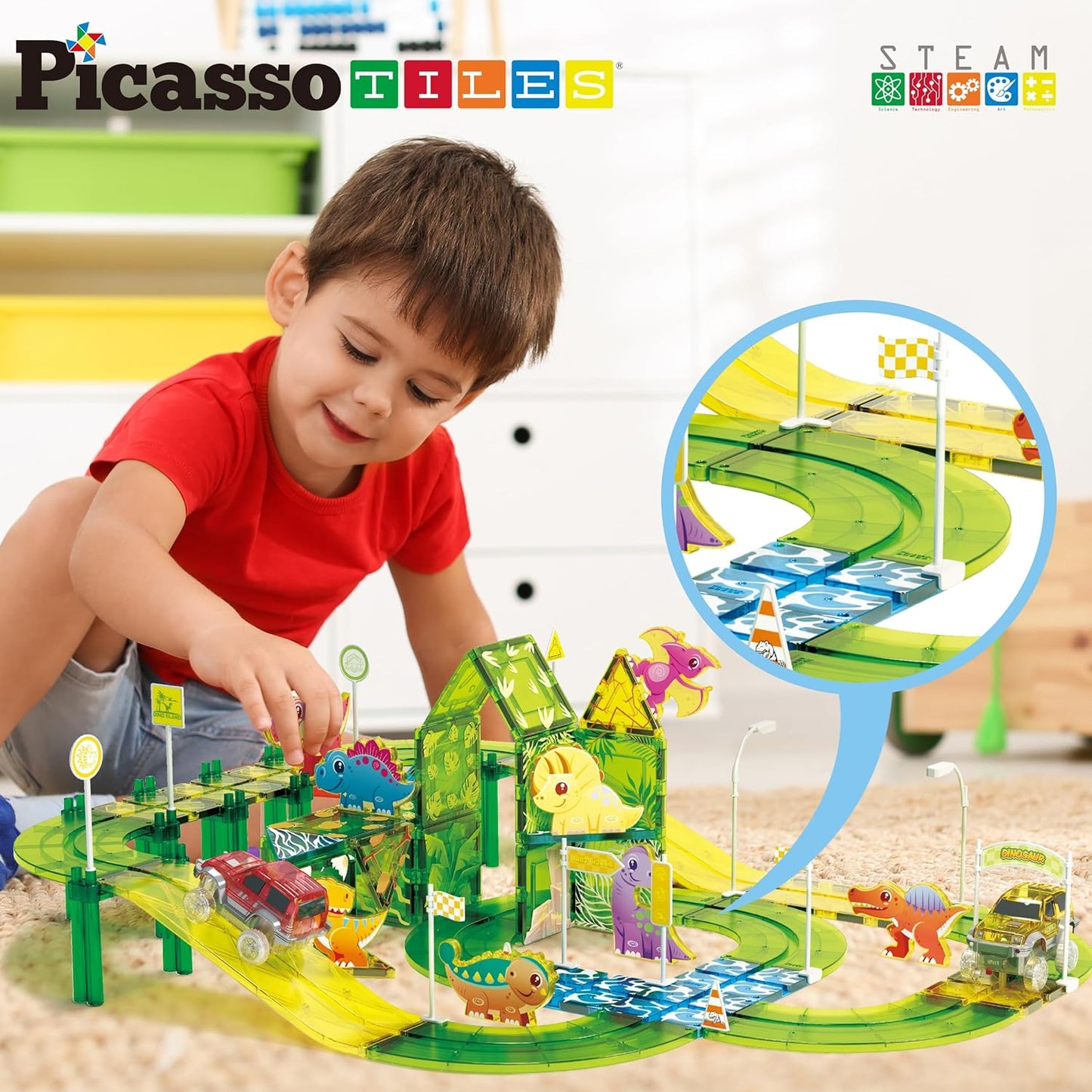 PicassoTiles Magnetic Tiles Race Track Car Thrilling Toy Playset Includes 2 Racing Trucks STEM Educational Magnet Tile Building Block Construction Set for Toddlers Boys Girls Ages 3 and Older PTR30