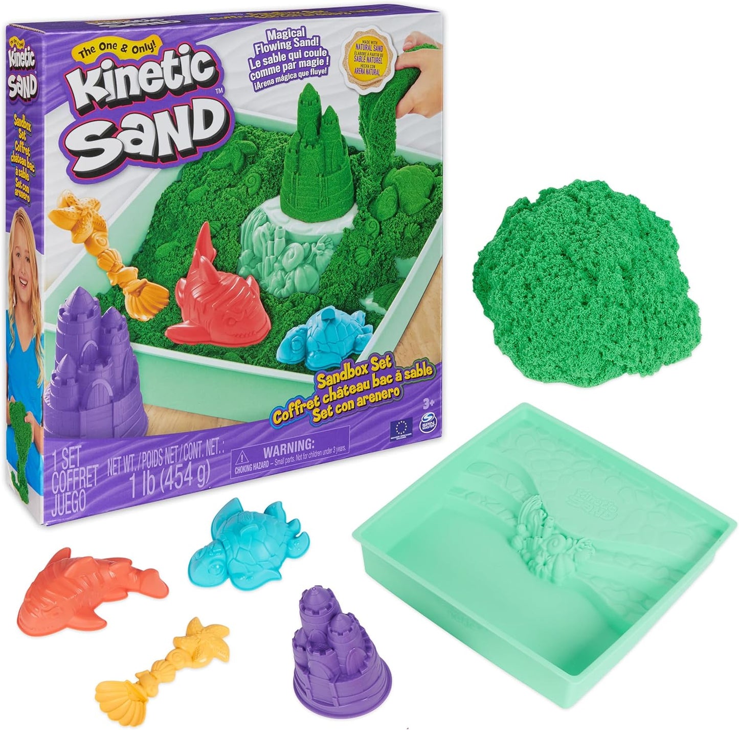 Kinetic Sand, Sandbox Set with 1lb Blue Play Sand, 4 Tools & Molds, Storage, Sensory Toys for Kids Ages 3 and up