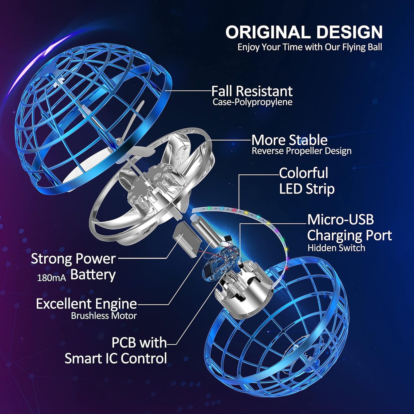 LEMATRIX Flying Orb Ball Toy, Hover Ball Boomerang Fly Fidget Spinner, Cool Toys Gifts for 6 7 8 9 10 11 12+ Years Old boy Girls Teens, Hand Mini Drone Cosmic Globe, Indoor Outdoor Toys(Golden)