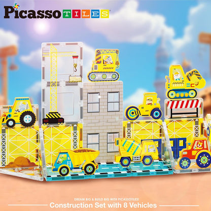 PicassoTiles Magnet Tile Construction Themed Building Blocks 5-in-1 Crane, Ladder, Dump Truck, Excavator, and Backhoe Action Figures, 2 Car Base Vehicles Magnetic Tiles Learning Toys Kids Ages3+ PTU06