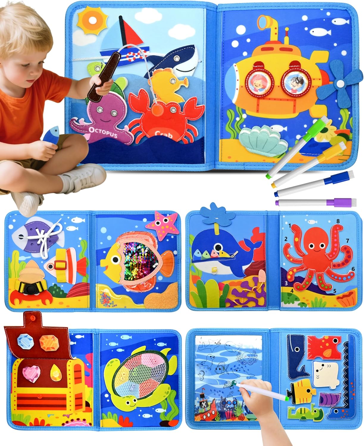 Ocean Busy Board for Toddlers 1-3 - Montessori Learning Toy with Sea Animals & Life Skills, Travel Book for 1 2 3 Year Old Boys Girls, Educational Toddler Toy for Car & Airplane Travel