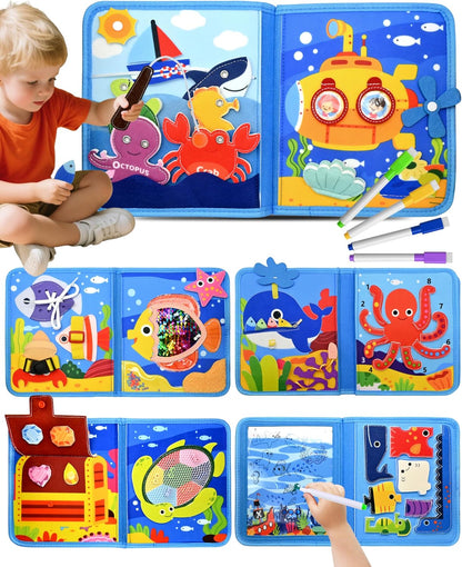 Ocean Busy Board for Toddlers 1-3 - Montessori Learning Toy with Sea Animals & Life Skills, Travel Book for 1 2 3 Year Old Boys Girls, Educational Toddler Toy for Car & Airplane Travel