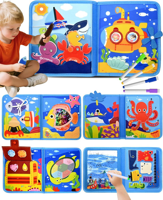 Ocean Busy Board for Toddlers 1-3 - Montessori Learning Toy with Sea Animals & Life Skills, Travel Book for 1 2 3 Year Old Boys Girls, Educational Toddler Toy for Car & Airplane Travel