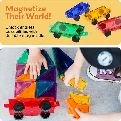 PicassoTiles 2 Piece Car Truck Construction Kit Toy Set Vehicle for Magnetic Blocks Building Tile Sensory Magnet Toys with Re-Enforced Hitch & Long Bed Educational Puzzle Girls Boys Toddlers Ages 3+