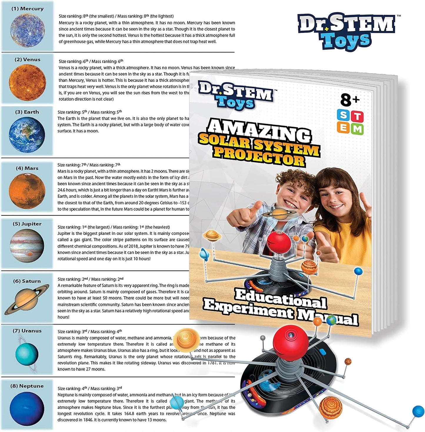 Dr. STEM Toys Solar System Projector Kit - Motorized Planet Model Set for Kids Ages 8-12 | Complete Educational Science Toy with 50+ Pieces | Home & Classroom Use