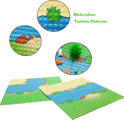 6 Pack Grassland Rivers Pattern Baseplate 10" x 10" - Building Brick Base Plate Tight Fit with Major Brands for City Roads Building Blocks Kids Toy (2 Straight + 4 Curve)