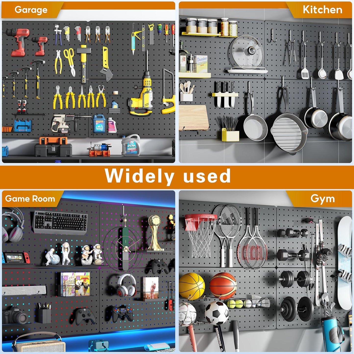 Peg Board, 112PCS Heavy Duty Metal Pegboard with Hooks, 6 Pack Black Peg Board Panels, 60lbs Load Capacity Each, Pegboard Wall Organizer for Garage, Workshop, Kitchen, Craft Rooms