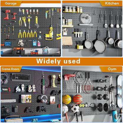 Peg Board, 112PCS Heavy Duty Metal Pegboard with Hooks, 6 Pack Black Peg Board Panels, 60lbs Load Capacity Each, Pegboard Wall Organizer for Garage, Workshop, Kitchen, Craft Rooms