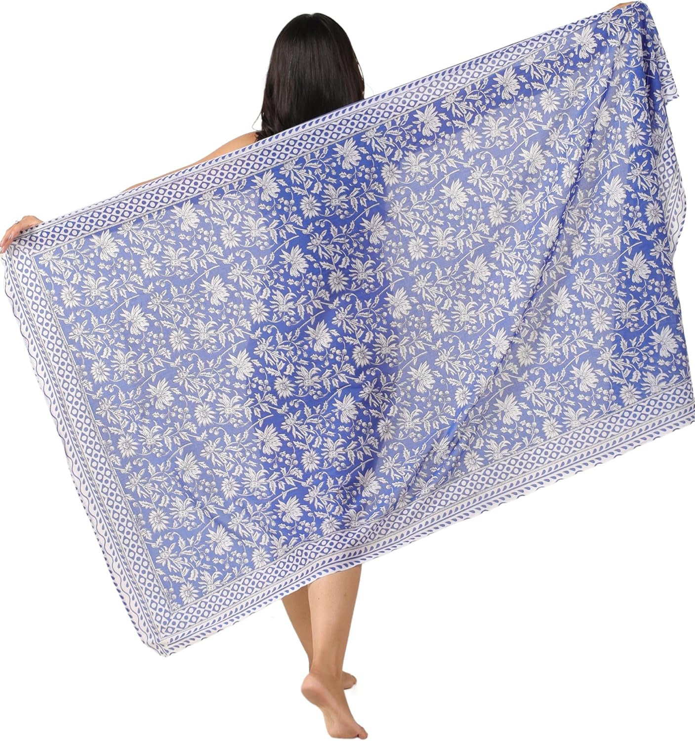 100% Cotton Sarong Cover Up for Women Indian Block Print Beach Wrap Skirt Long Boho Swimsuit Bikini Pareo (73” x 43”)