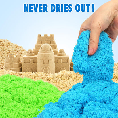 Billeeit 4.4 lbs Play Sand w/Storage Sand Box, 4-Pack(2 Yellow, 1 Blue, 1 Green) Sensory Bin Refill Sand for Shaping, Molding, Pressing, Scooping, Rolling, Self-Sticking Sand Sensory Toy for Kids 3+