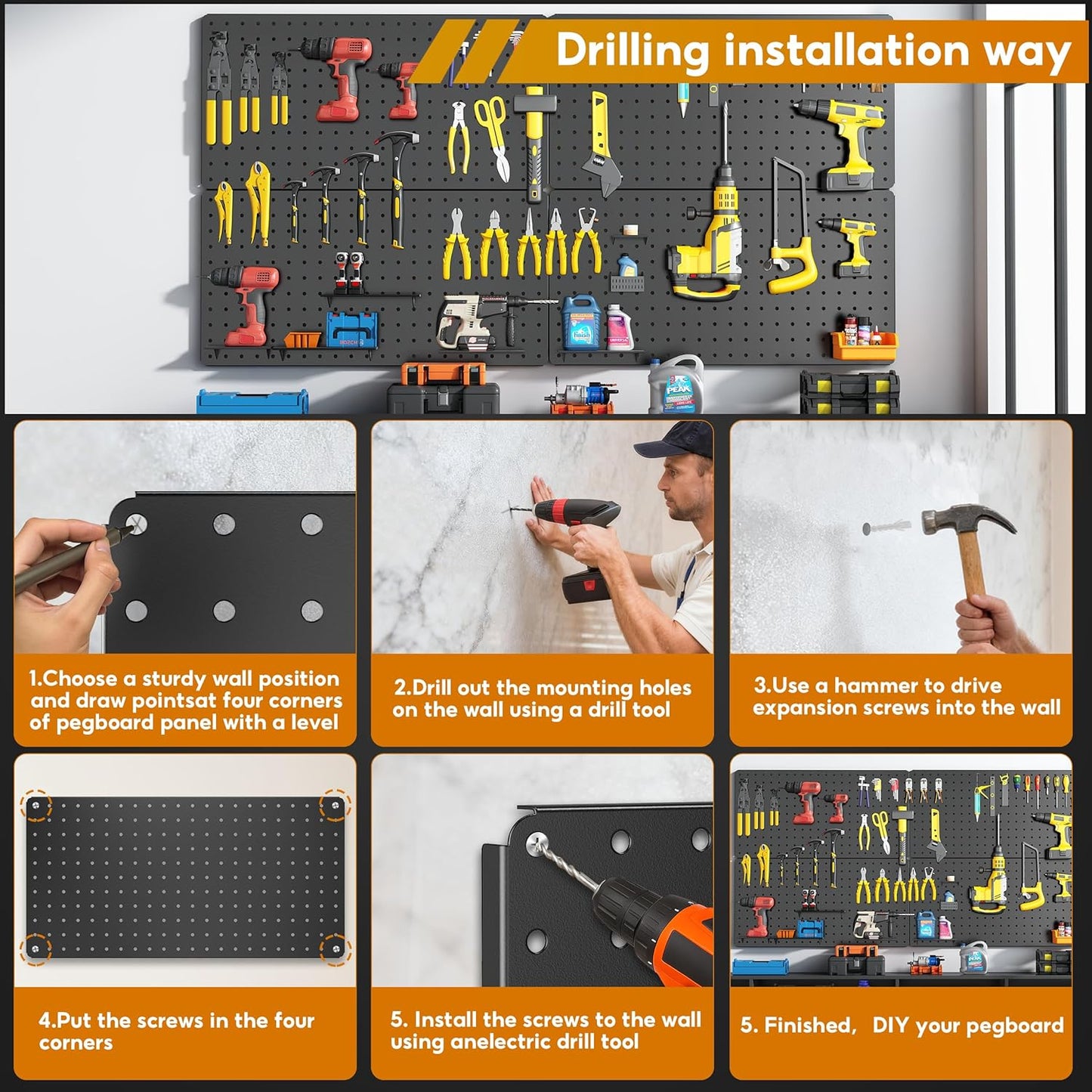 Peg Board, 112PCS Heavy Duty Metal Pegboard with Hooks, 6 Pack Black Peg Board Panels, 60lbs Load Capacity Each, Pegboard Wall Organizer for Garage, Workshop, Kitchen, Craft Rooms
