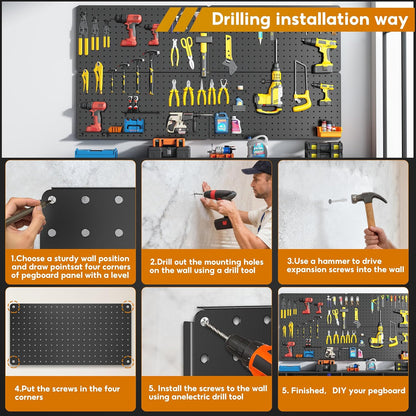 Peg Board, 112PCS Heavy Duty Metal Pegboard with Hooks, 6 Pack Black Peg Board Panels, 60lbs Load Capacity Each, Pegboard Wall Organizer for Garage, Workshop, Kitchen, Craft Rooms