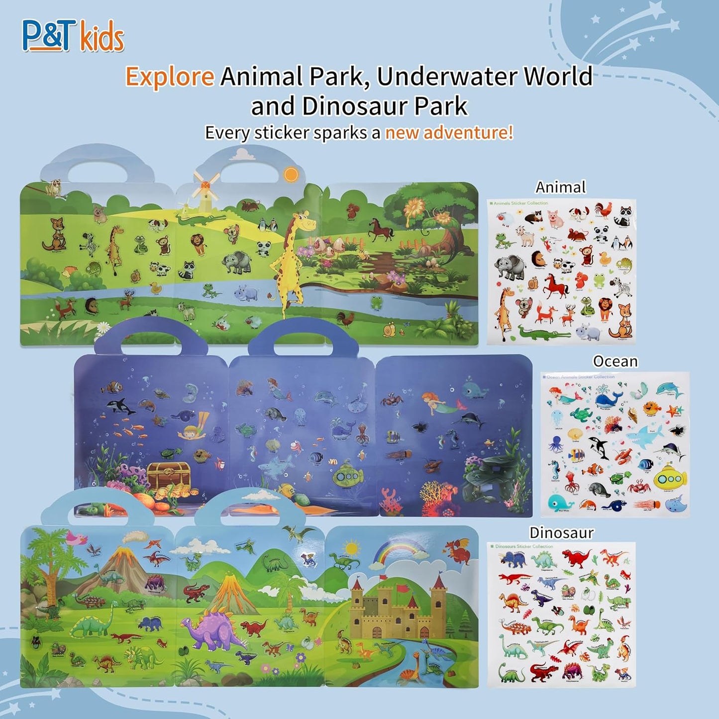 3 Pack Reusable Sticker Book | Sticker Books for Toddlers 2–4 Years with 90+ Stickers Total | Stickers for Kids | Animal, Dinosaur & Ocean Themes | Travel Activity & Learning Toy
