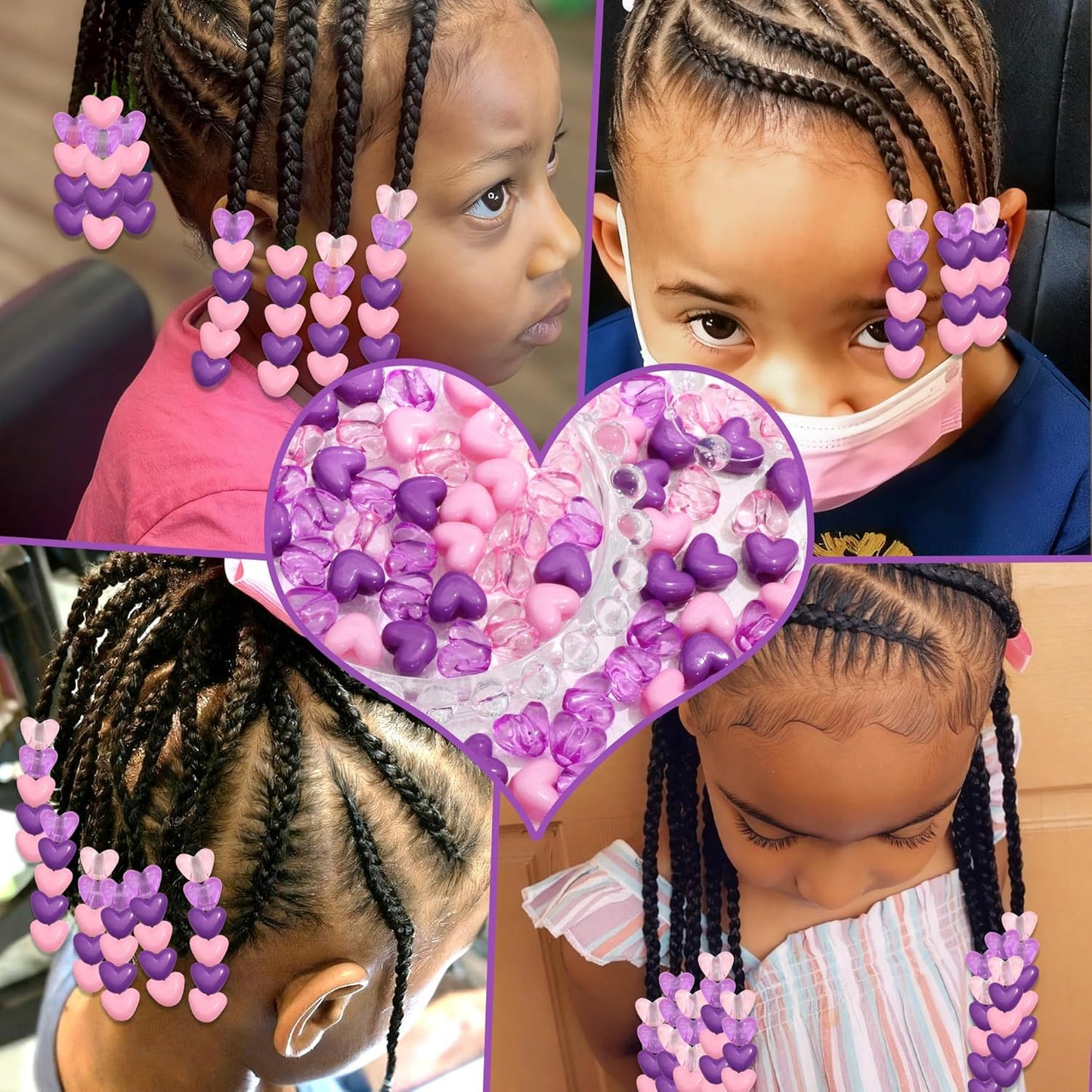 90PCS Heart Hair Beads for Braids Blue Pink Loc Dreadlock Valentine's Day Bead Accessories Purple Cute Acrylic Heart Shape Beads for Kids Girls