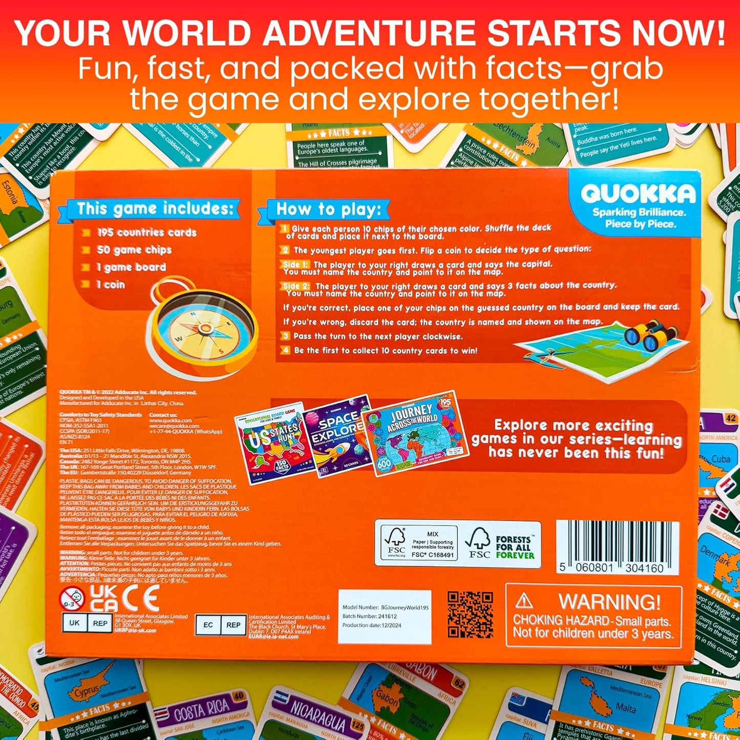 QUOKKA Board Games for Kids 8-12 - Family Games for Kids and Adults - Journey Across the World Card Game Ages 5-9 - Learn Capitals, Flags, Facts, and Map Locations with 195 World Map Cards