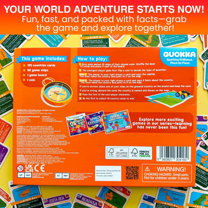 QUOKKA Board Games for Kids 8-12 - Family Games for Kids and Adults - Journey Across the World Card Game Ages 5-9 - Learn Capitals, Flags, Facts, and Map Locations with 195 World Map Cards
