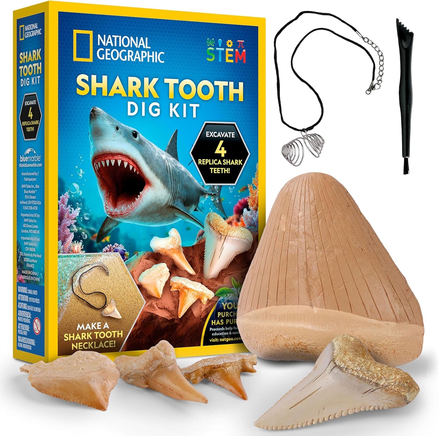 National Geographic Shark Tooth Dig Kit – Excavate Replica Teeth Fossils from Ancient Sharks and Make a Shark-Tooth Necklace, STEM Science Kit for Kids Ages 6-8, Educational Fossil Dig Activity