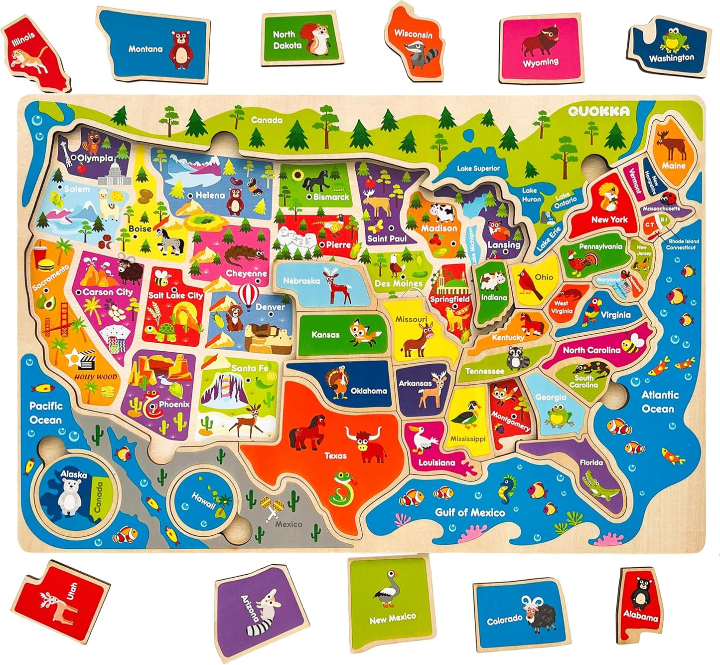 QUOKKA Puzzles for Kids Ages 4-6 - Realistic USA Map Wooden Puzzles for Toddlers 3-5 - Montessori Wood Educational Toys for 2-4 Years Old - United States Geography Learning Games for Kids 6-8