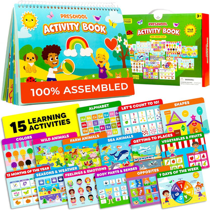 Preschool Activity Book for 3 4 5 Year-Old Kids – 100% Assembled & Ready-to-Use Busy Book for Toddlers 3-5 with 15 Montessori Activities – Educational Learning Toy for 3 Year-Old Girls & Boys