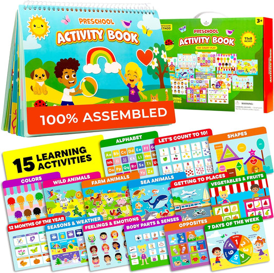 Preschool Activity Book for 3 4 5 Year-Old Kids – 100% Assembled & Ready-to-Use Busy Book for Toddlers 3-5 with 15 Montessori Activities – Educational Learning Toy for 3 Year-Old Girls & Boys