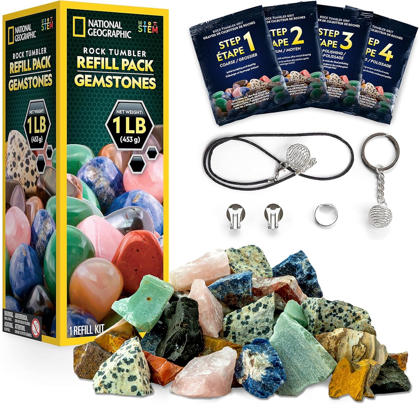 NATIONAL GEOGRAPHIC Rock Tumbler Refill Kit – 1 Lb. Madagascar Rocks for Tumbling with Rose Quartz, Red Jasper, Indigo Gabbro & More - Tumbler Supplies, Rock Polishing Grit and Jewelry Accessories