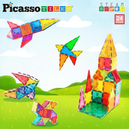 PicassoTiles 101 PCs Magnetic Tiles Building Block with Storage Case Included Bold Colors Travel Carry Case Construction Set for Boys & Girls Great Gift Preschool Kindergarten Montessori Playing Toys