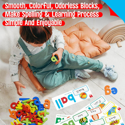 82PCS CVC & CVCC, CCVC Words Builders, 30 Double-Sided Cards & 52 Wooden Lowercase Letters, 2 Levels See & Spell Learning Tool STEM Educational Activities for 3 Years Old Boys and Girls
