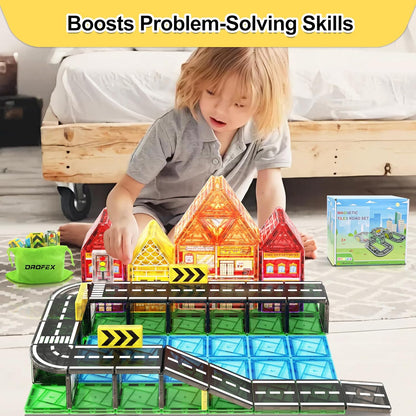 Drofex 42pcs Magnetic Tiles Road, Magnetic Building Blocks City Construction Toys for 3+Year Old Boys Girls, Kids Montessori Toys for Toddler, STEM Learning Gifts