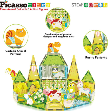 PicassoTiles Magnet Tiles Magnetic Building Blocks Aquarium Marine Animal Theme Set with 8 Character Action Figures Shark Crab Turtle STEM Toys Construction Preschool Toddlers Kids Boys Girls 3+ PTQ15