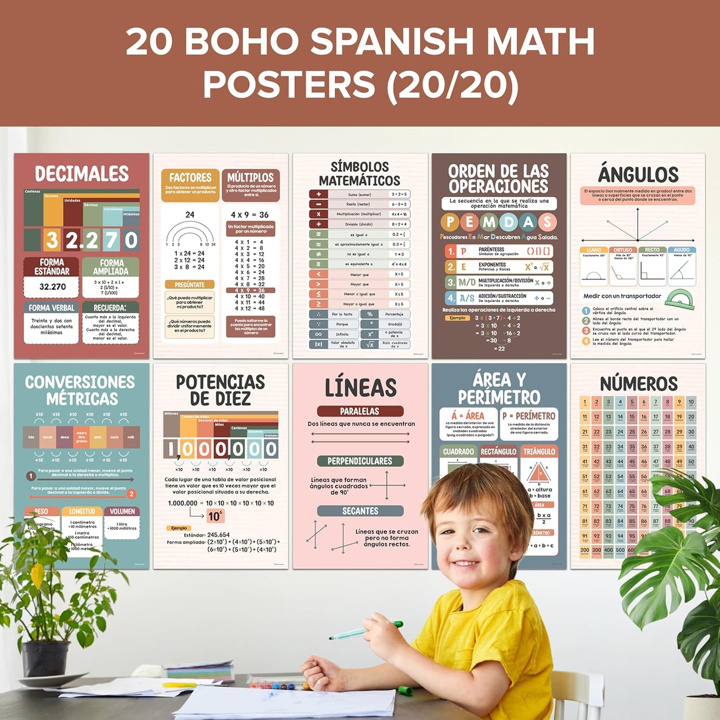 Decorably 20 Boho Spanish Math Posters for Classroom, 11x17in Educational, Matte-Laminated Classroom Decor - for Hallways, Bulletin Boards, Home Study Room