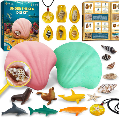 PIBEX Under-The-Sea Dig Kit – Dig & Discover 18 Real Shell Fossils, Amber Jewelry & Sea Animal Creatures – Ocean Necklace Making & STEM Excavation Activity Toy for Kids Ages 6+