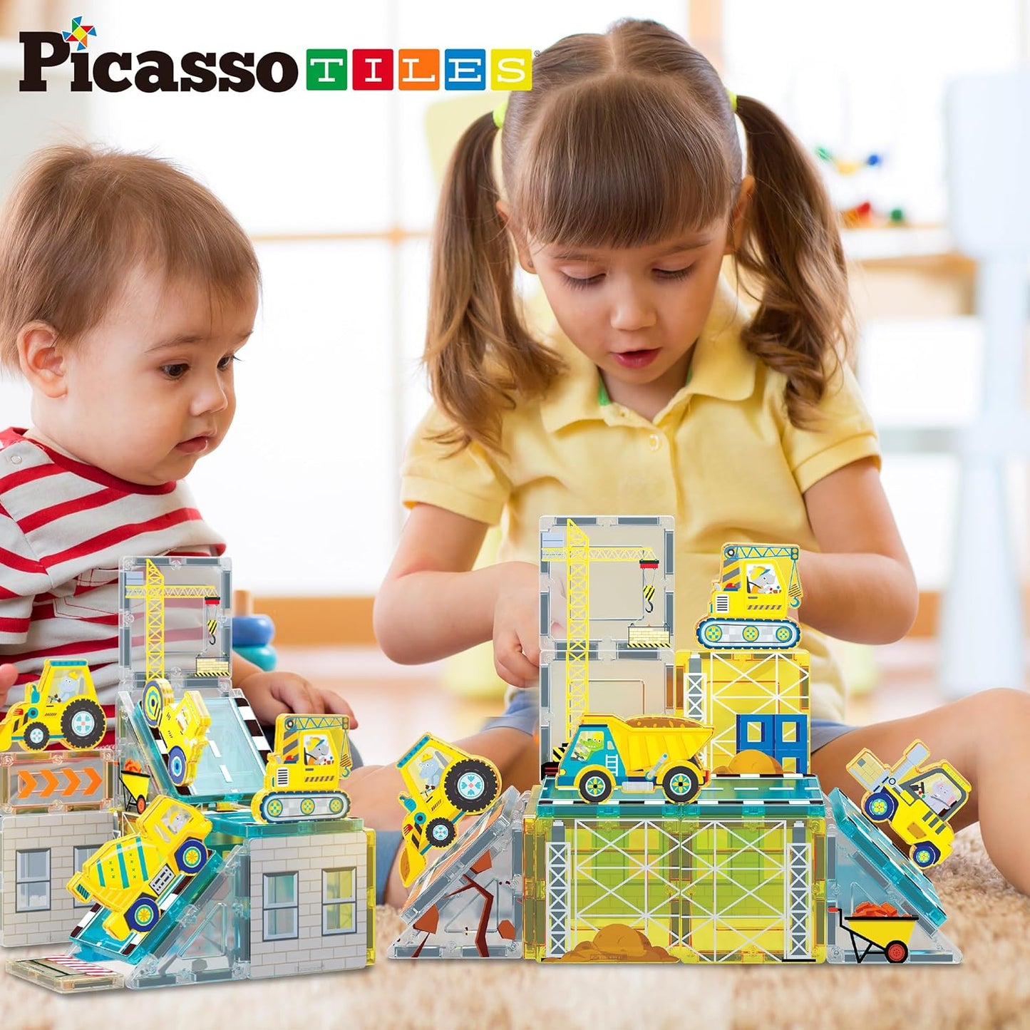 PicassoTiles Magnet Tile Construction Themed Building Blocks 5-in-1 Crane, Ladder, Dump Truck, Excavator, and Backhoe Action Figures, 2 Car Base Vehicles Magnetic Tiles Learning Toys Kids Ages3+ PTU06