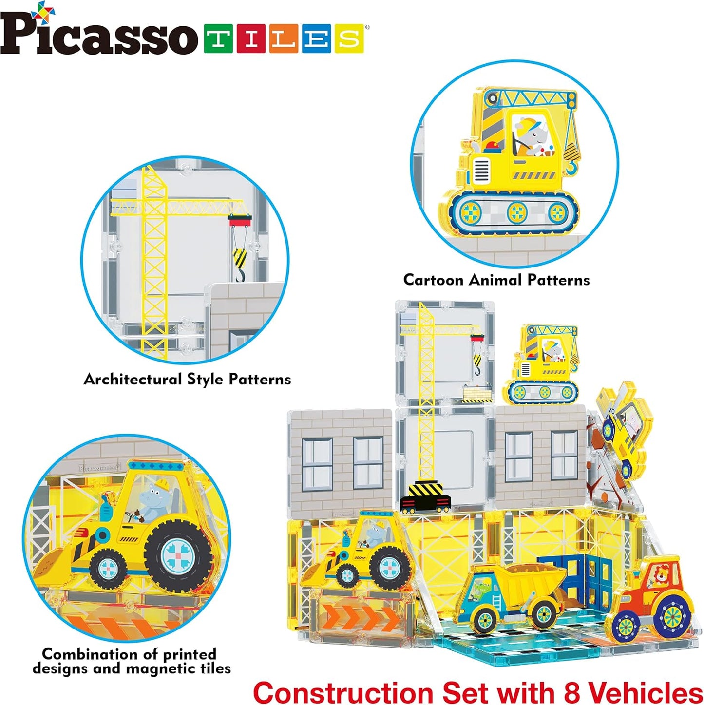 PicassoTiles Magnet Tile Construction Themed Building Blocks 5-in-1 Crane, Ladder, Dump Truck, Excavator, and Backhoe Action Figures, 2 Car Base Vehicles Magnetic Tiles Learning Toys Kids Ages3+ PTU06