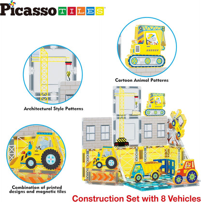 PicassoTiles Magnet Tile Construction Themed Building Blocks 5-in-1 Crane, Ladder, Dump Truck, Excavator, and Backhoe Action Figures, 2 Car Base Vehicles Magnetic Tiles Learning Toys Kids Ages3+ PTU06