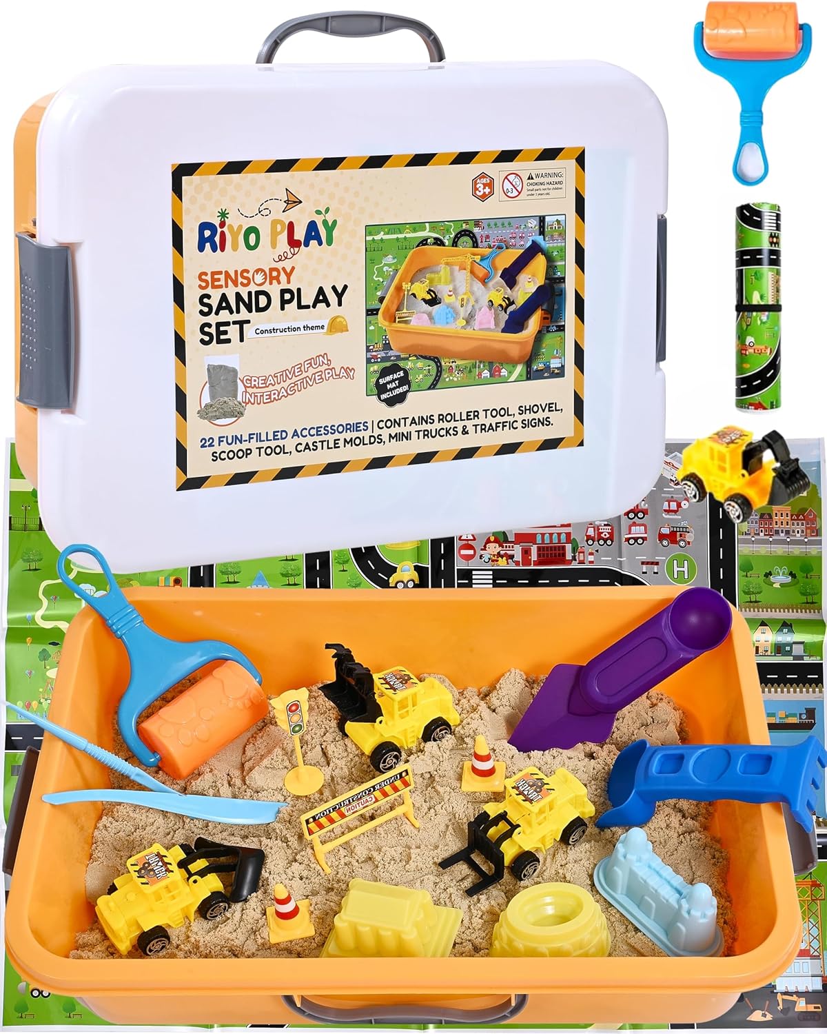 Construction Sensory Bin for Toddlers with 2-in-1 Play Mat & 2.8lbs Moldable Sand, Kids Sensory Bin with Lid & Handle, Toddler Sensory Kit Boys & Girls, Learning Activity, Gift Ages 3+