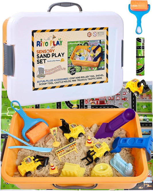 Construction Sensory Bin for Toddlers with 2-in-1 Play Mat & 2.8lbs Moldable Sand, Kids Sensory Bin with Lid & Handle, Toddler Sensory Kit Boys & Girls, Learning Activity, Gift Ages 3+