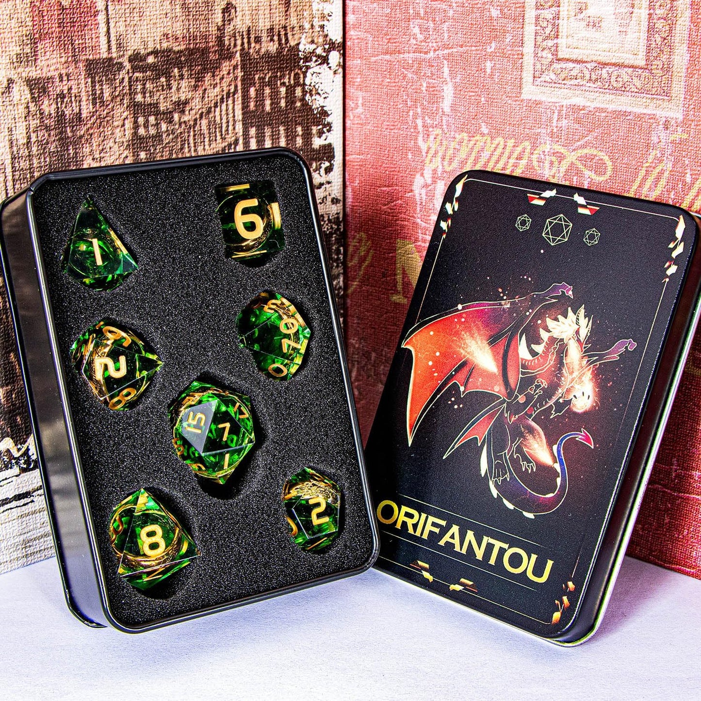 Magic Golden Ring DND Dice Set Sharp Edge Red Resin Dice with Box, for use with Dungeons Dragon RPG D&D Tabletop Games Lord D and D Polyhedral Dice Set