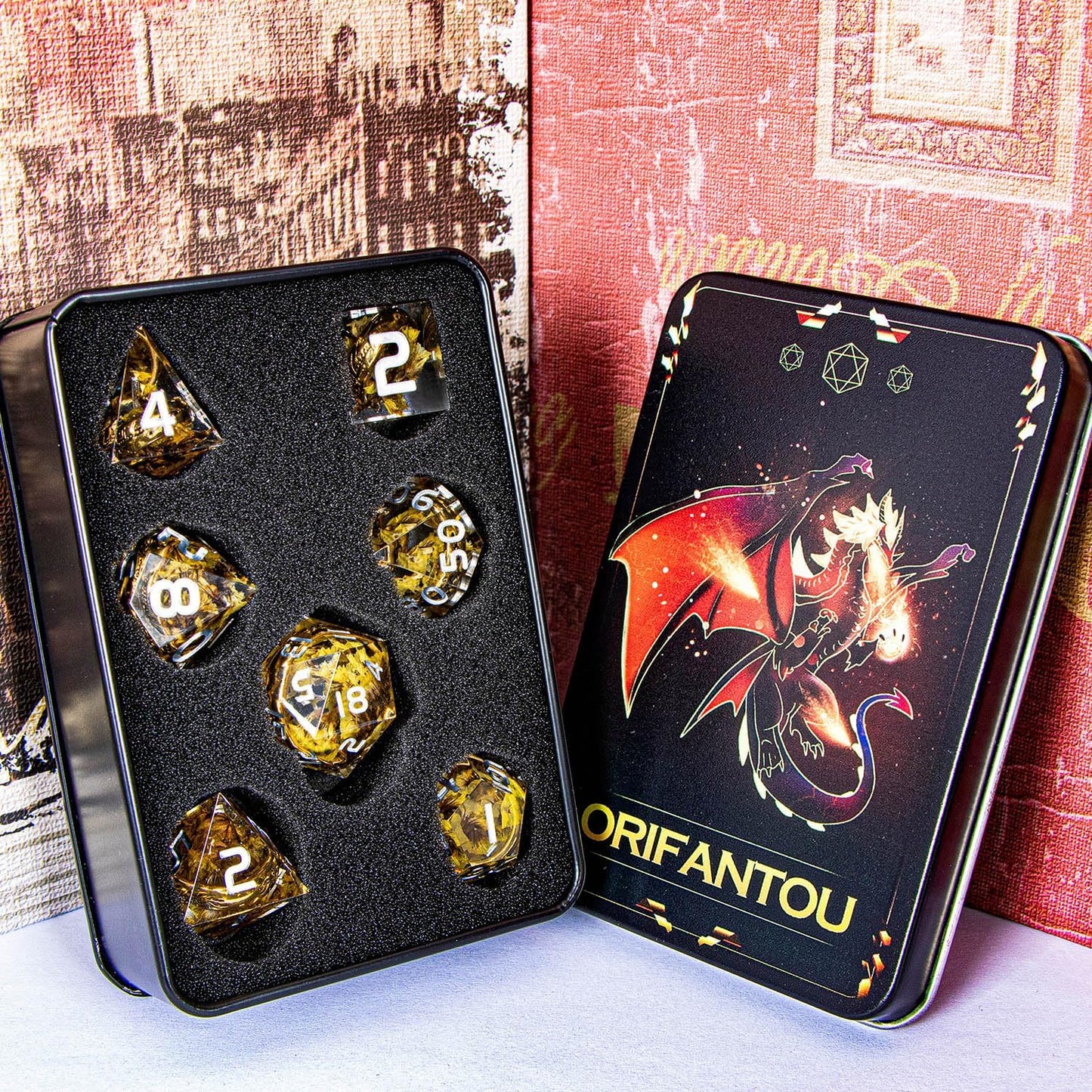 Magic Golden Ring DND Dice Set Sharp Edge Red Resin Dice with Box, for use with Dungeons Dragon RPG D&D Tabletop Games Lord D and D Polyhedral Dice Set