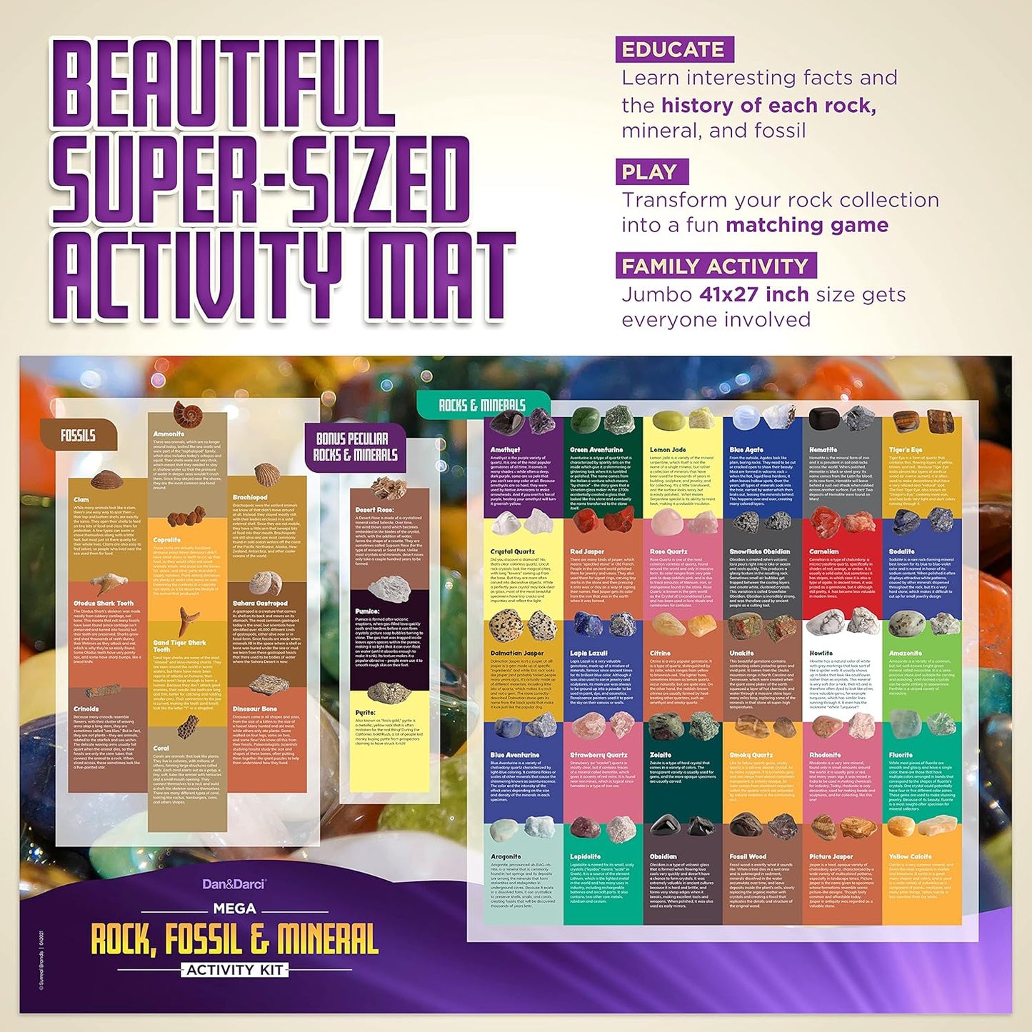 Dan&Darci Rock Collection for Kids - Includes 250+ Bulk Rocks, Gemstones & Crystals + Genuine Fossils and Minerals - 2 Lbs. - Geology Earth Science STEM Toys Activity, Gifts for Boys & Girls Ages 6+