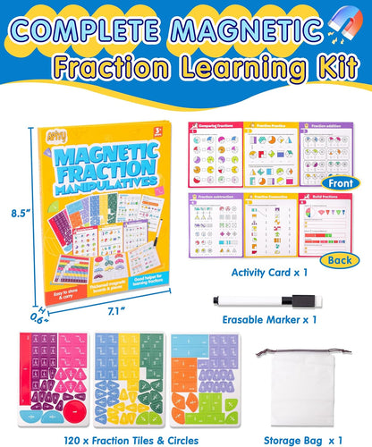 Magnetic Fraction Demonstration Book, Fraction Manipulatives with Magnetic Fraction Tiles & Circles, Montessori Magnetic Fraction Playbook for Hands-On Elementary Math Learning Toys