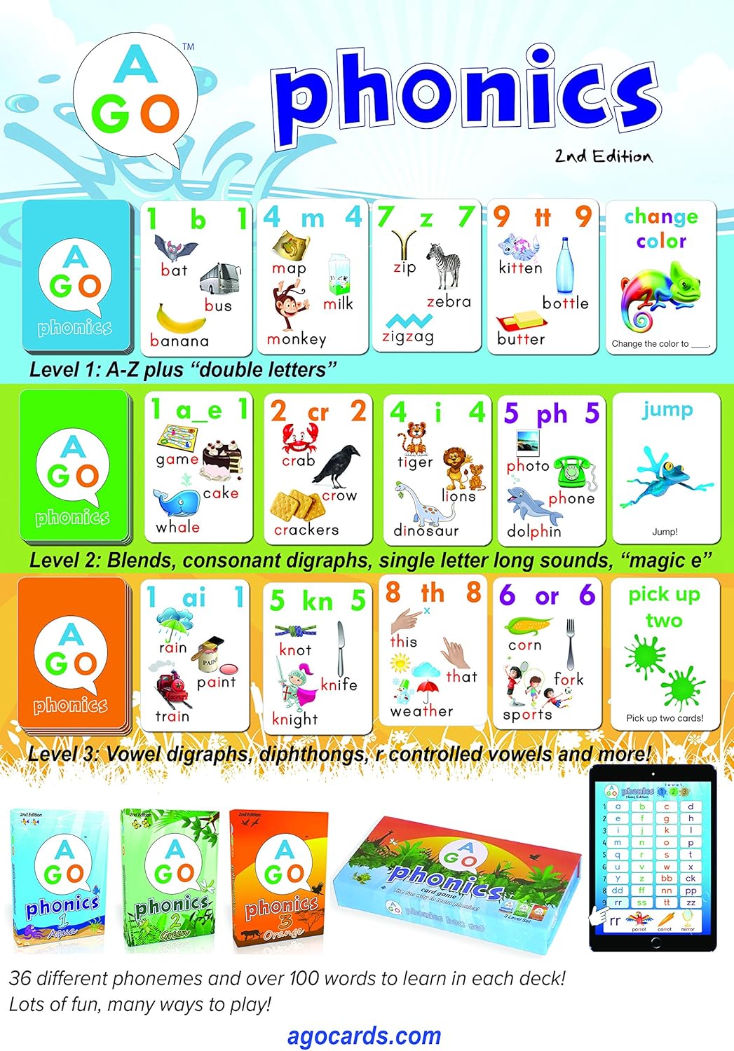 AGO Phonics Card Game - Advanced Set (Levels 4 and 5) A Fun Game to Build Phonics and Reading Skills. Learn Tricky phonemes (digraphs/dipthongs/Word Families/Silent Letters & More!)