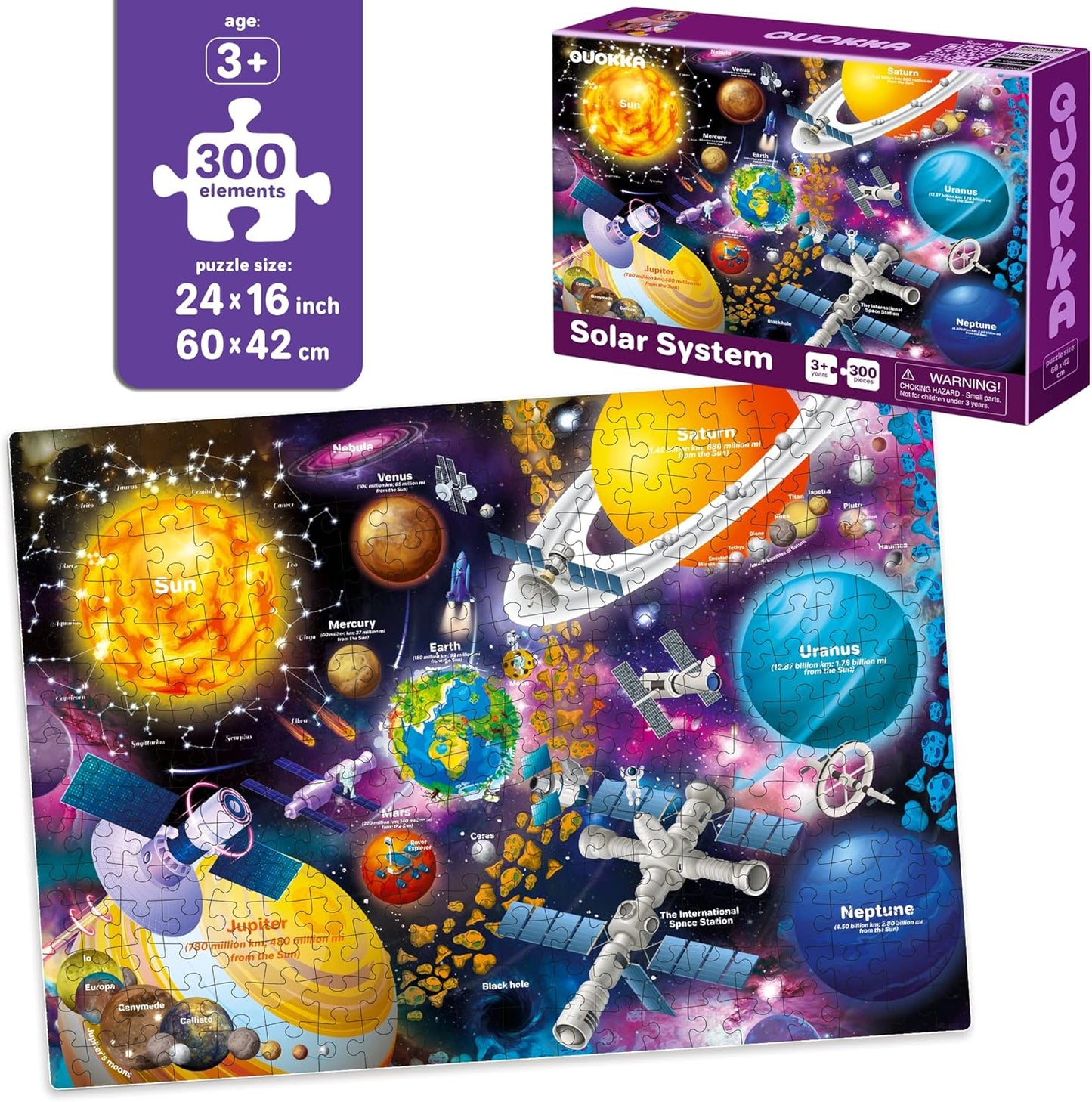 QUOKKA 3X Set Learning Board Games for Kids 8-12 - Educational Trivia Cards Ages 6-8 - Travel United States - World Map - Explore Outer Space - Gift for Children and Teens 4-8 - Jigsaw Puzzles