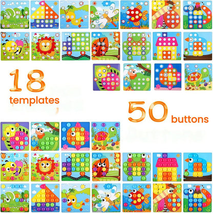 TINOTEEN Button Art Toy for Toddlers,Toddler Activities Crafts Color Matching Early Learning Educational Mosaic Pegboard 50 Buttons and 18 Pictures