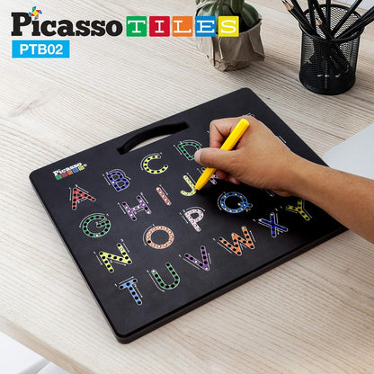 PicassoTiles Magnetic Expression Puzzle Cubes + Letters Numbers Drawing Board, 8pc Magnet Blocks w/ 36 Emotion Game Card Include, ABC A-Z Letter, Number, Freestyle Writing Erasable Magnet Tablet Pad