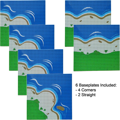 Apostrophe Games Island Building Block Base Plates Compatible with All Major Brands - 3 Pack Beach - 2 Straight & 1 Center Grass add-on to Expand Your Island - 10-1/16" x 10-1/16"Inches