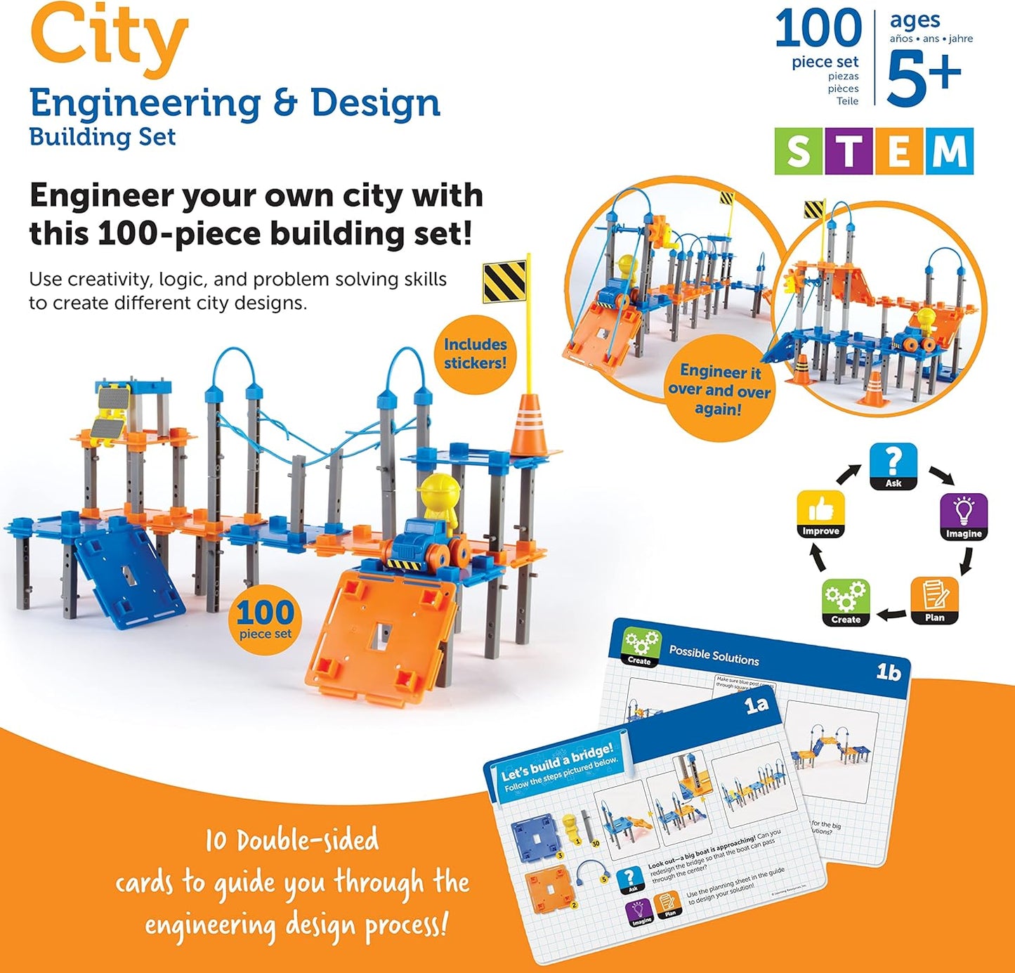 Learning Resources City Engineering and Design Building Set, Engineer STEM Toy, Construction Toys, 100 Pieces, Simple Machines Kids, Ages 5+