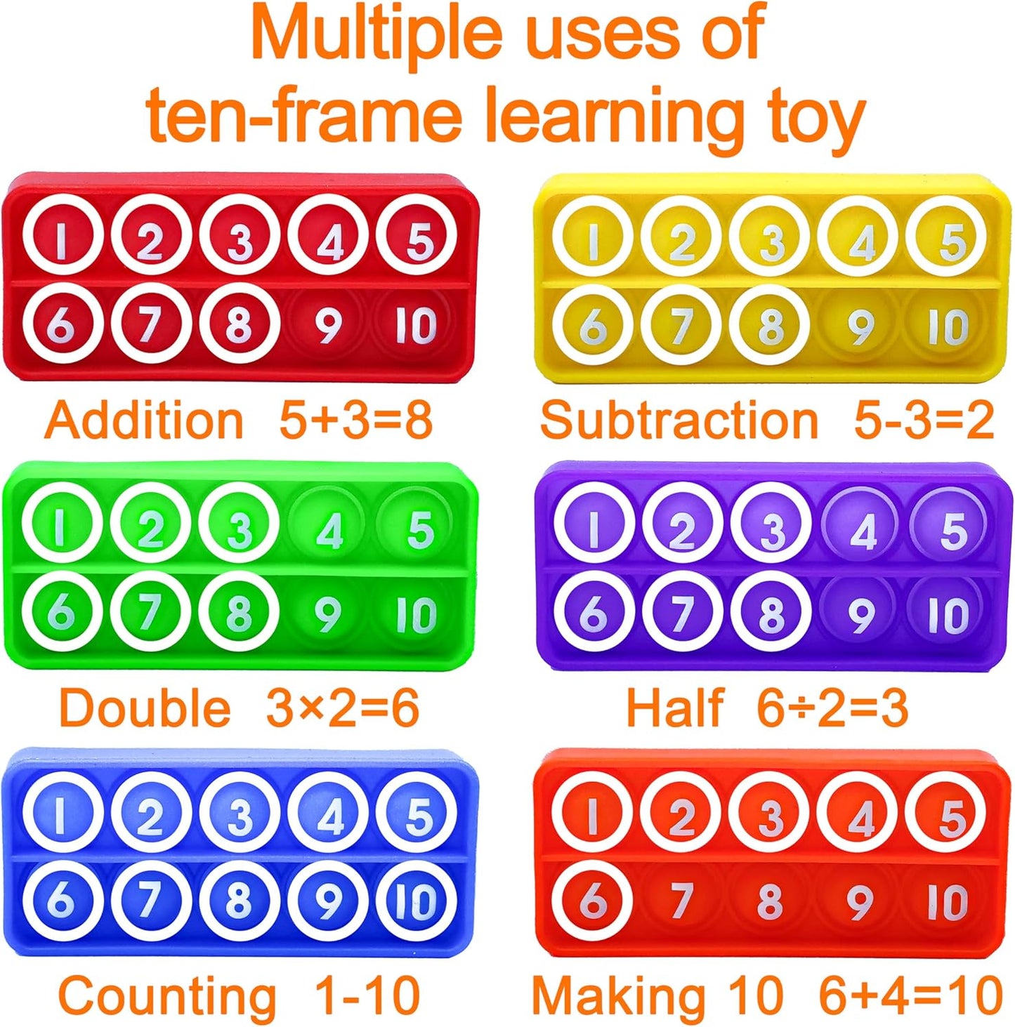 Ten Frame Pop Math Manipulatives - Set of 10 Silicone Fidget Toys for Kindergarten Classrooms - Engaging Educational Counting & Addition Toys for Kids 3 4 5 Years Old